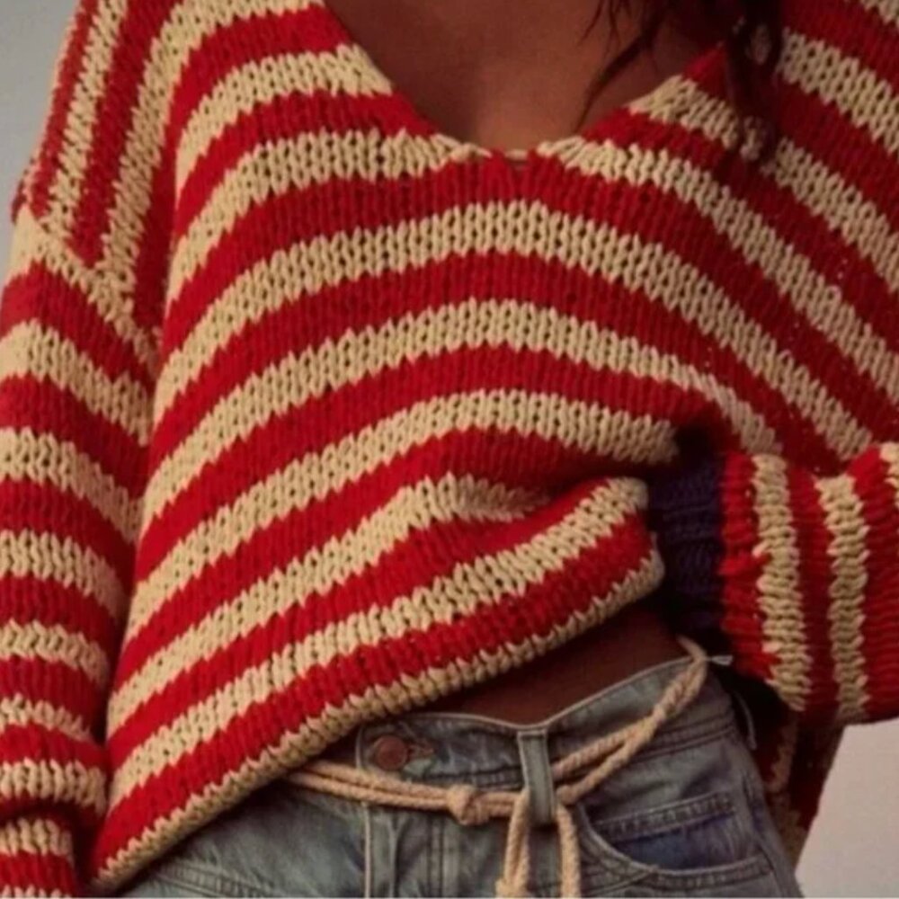 Free People Red and Cream Striped V-Neck Pullover